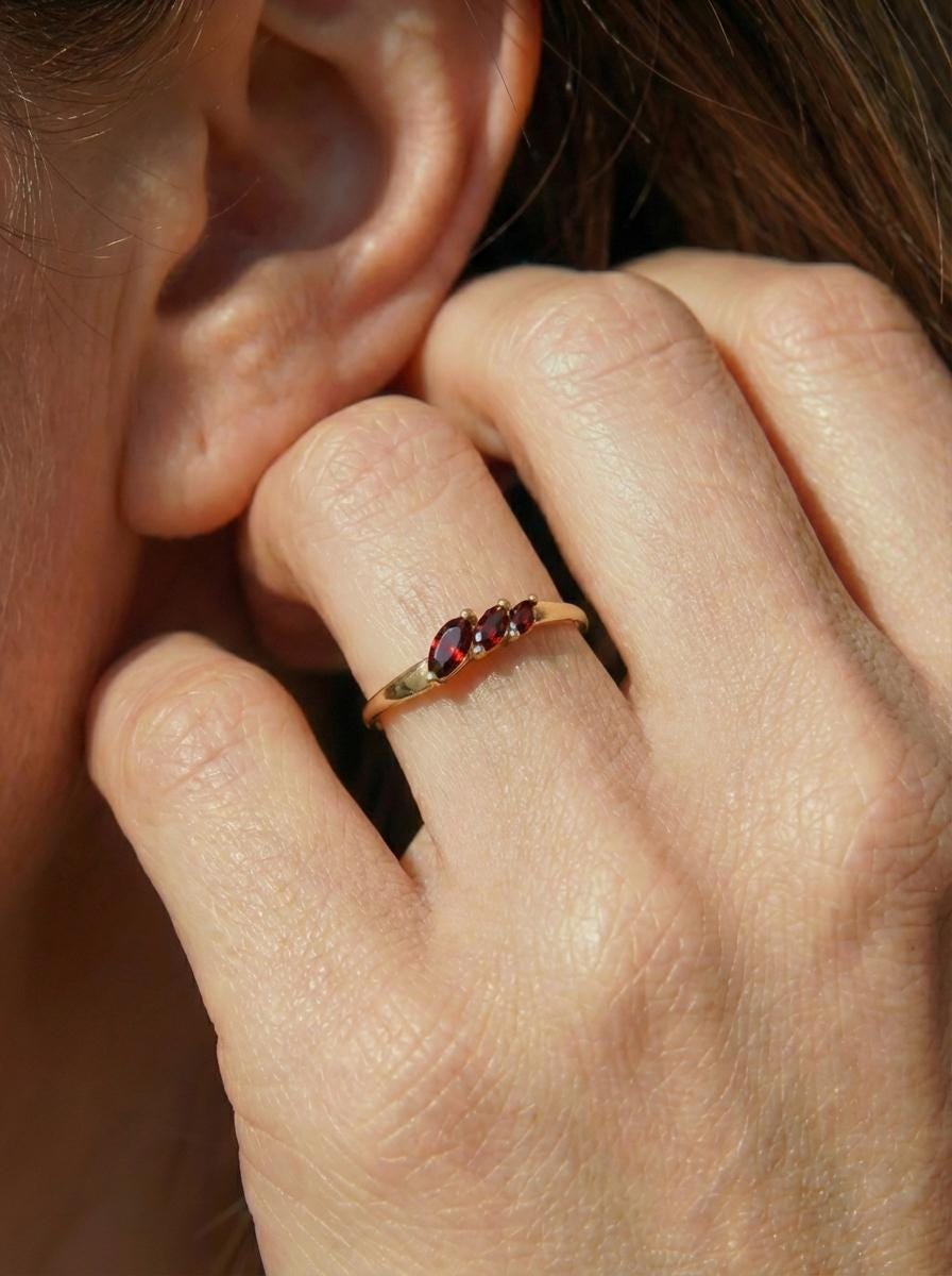 Garnet Curved Wedding Band, Marquise January Birthstone Ring, 18K Gold Plated Stackable Bridal Band, Ring Enhancer for Her