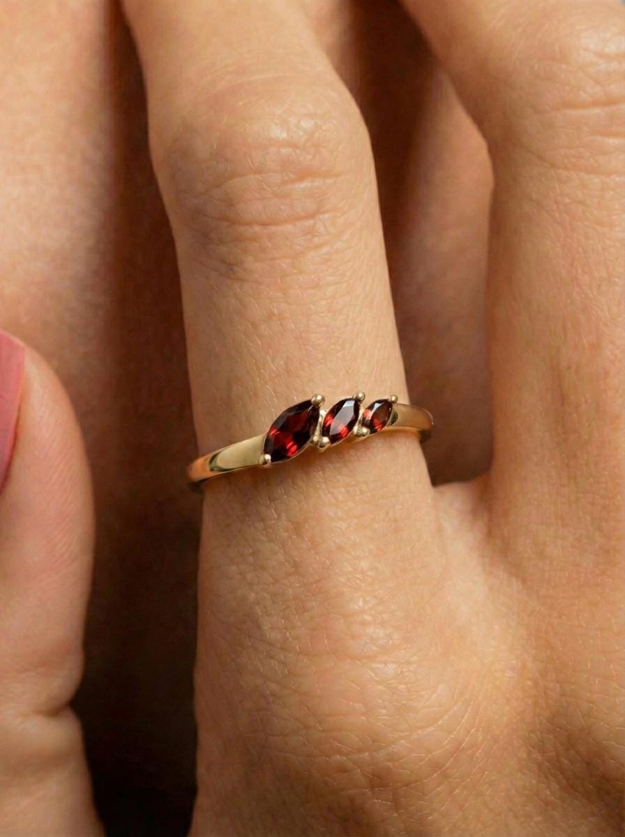 Garnet Curved Wedding Band, Marquise January Birthstone Ring, 18K Gold Plated Stackable Bridal Band, Ring Enhancer for Her