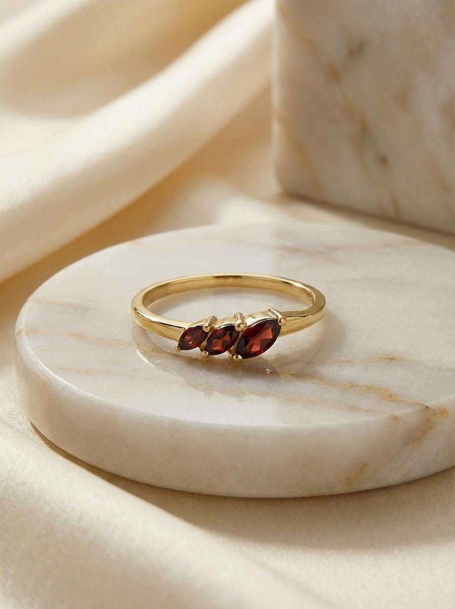 Garnet Curved Wedding Band, Marquise January Birthstone Ring, 18K Gold Plated Stackable Bridal Band, Ring Enhancer for Her