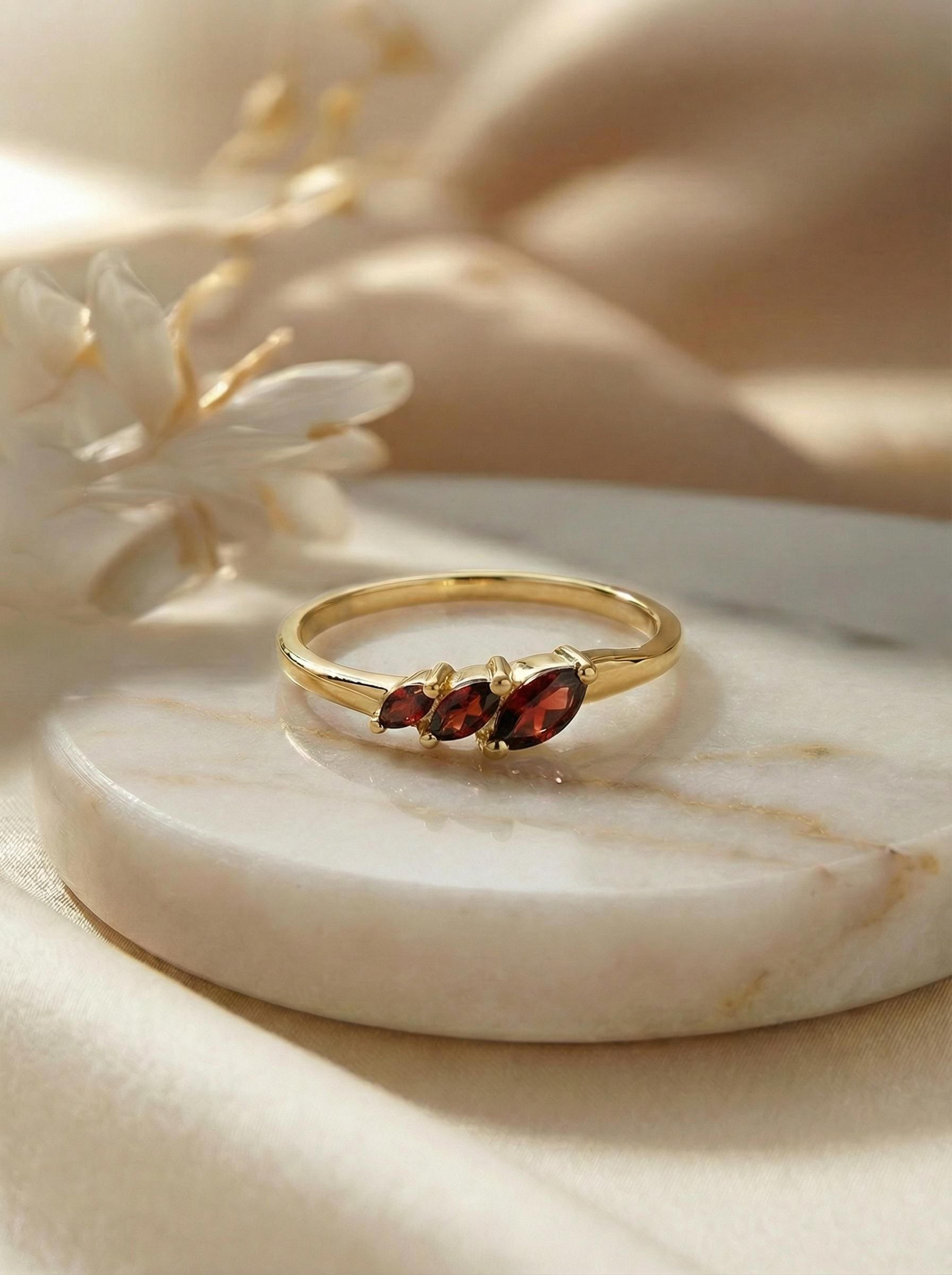 Garnet Curved Wedding Band, Marquise January Birthstone Ring, 18K Gold Plated Stackable Bridal Band, Ring Enhancer for Her