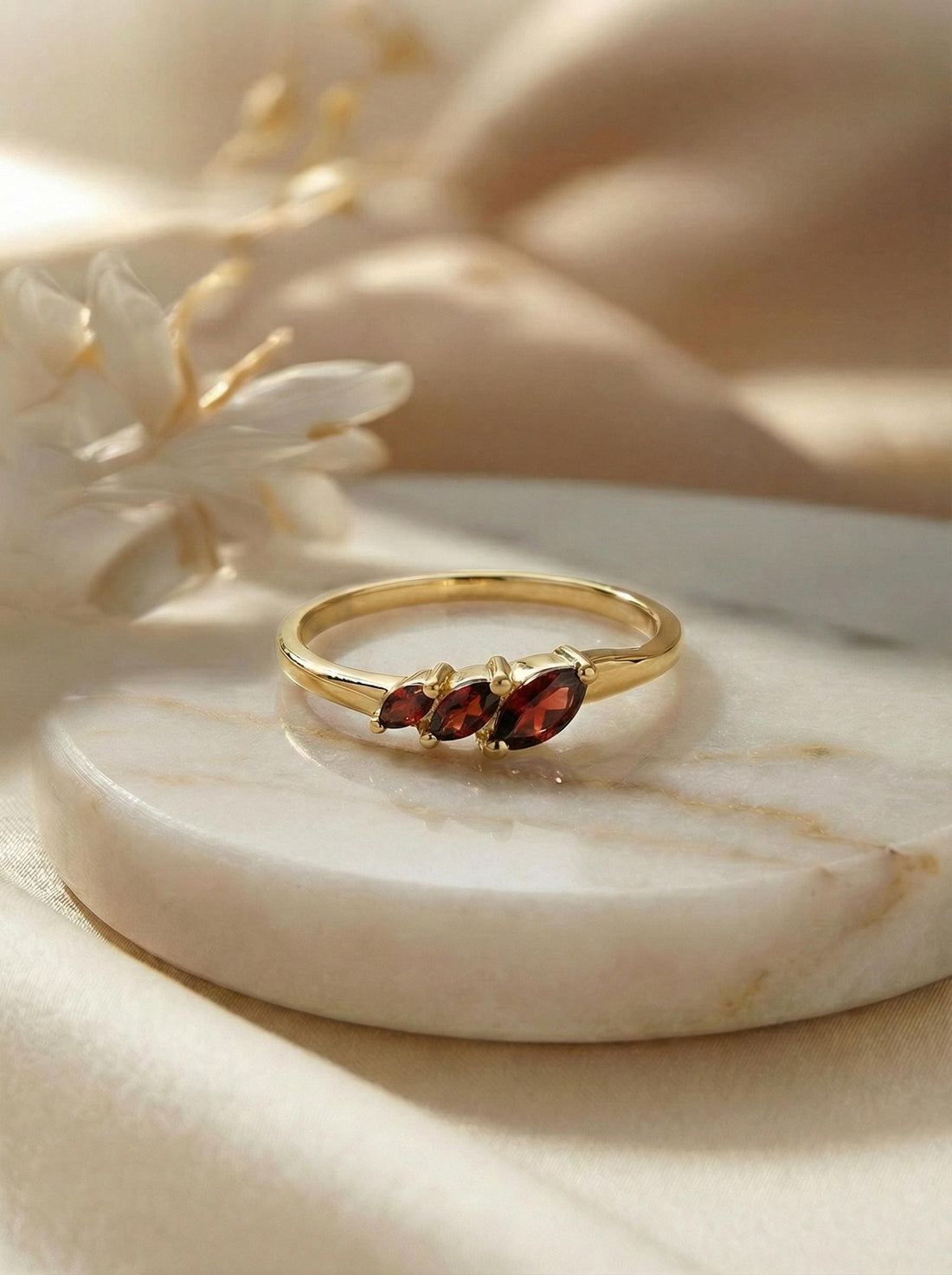 Garnet Curved Wedding Band, Marquise January Birthstone Ring, 18K Gold Plated Stackable Bridal Band, Ring Enhancer for Her