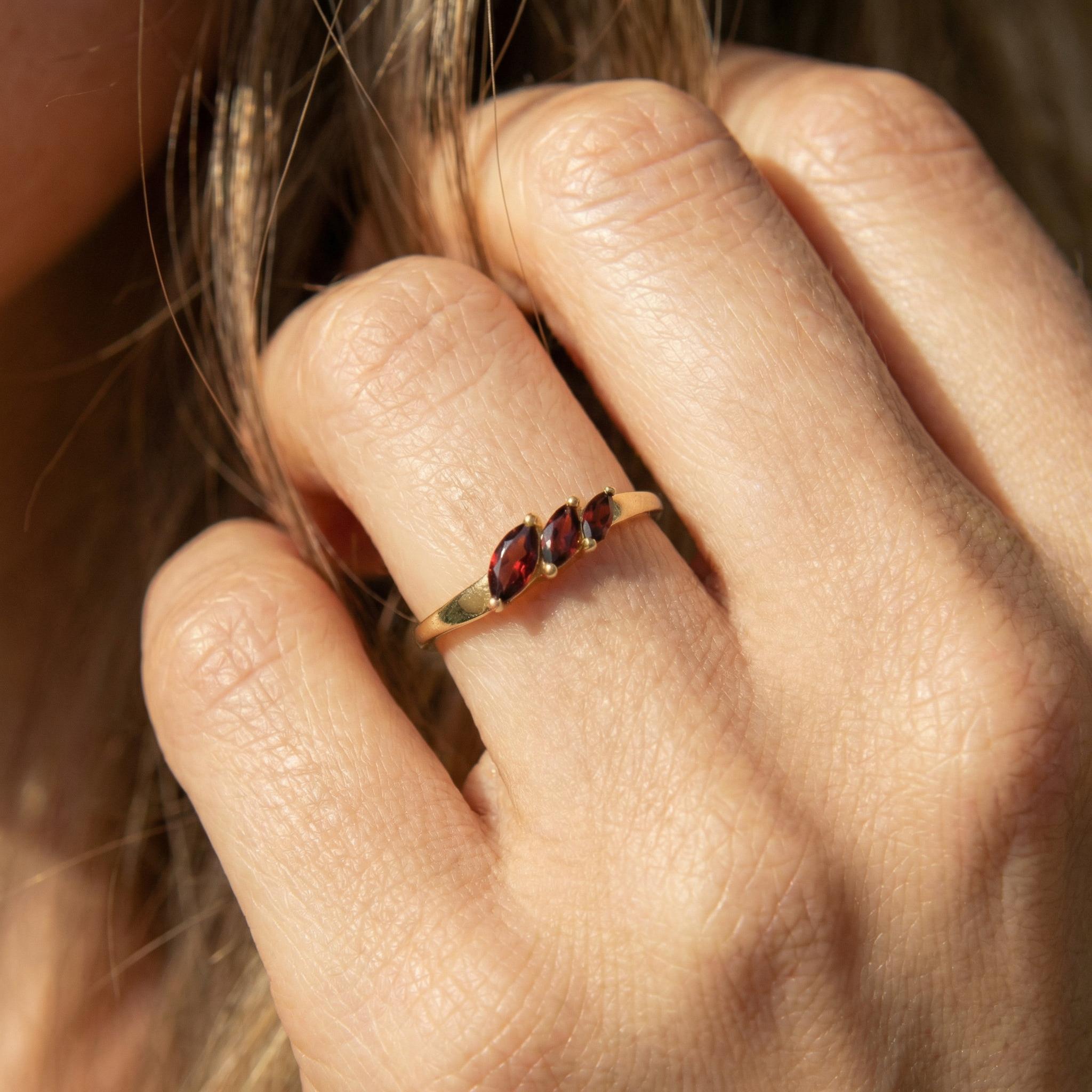 Garnet Curved Wedding Band, Marquise January Birthstone Ring, 18K Gold Plated Stackable Bridal Band, Ring Enhancer for Her
