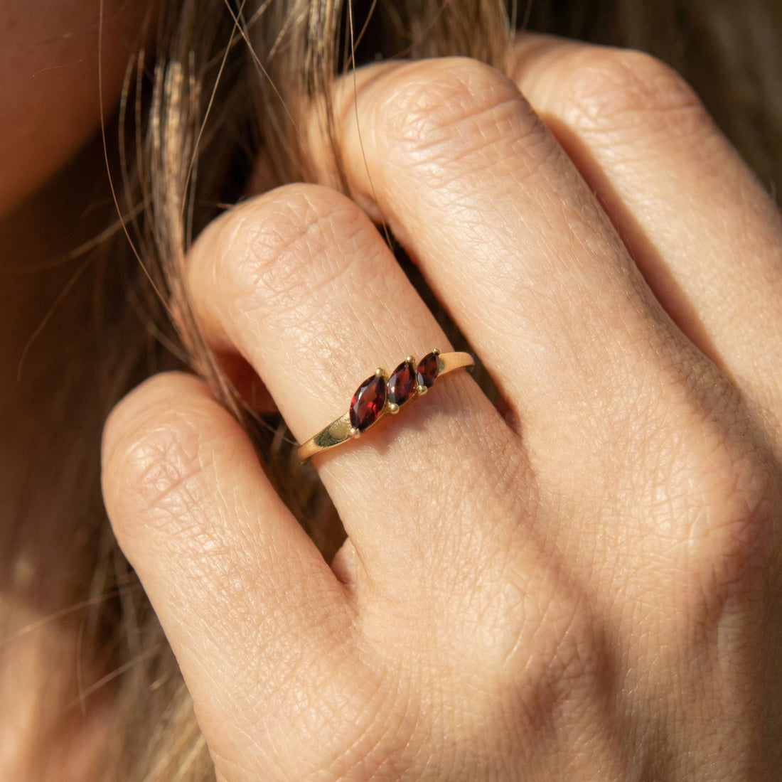 Garnet Curved Wedding Band, Marquise January Birthstone Ring, 18K Gold Plated Stackable Bridal Band, Ring Enhancer for Her