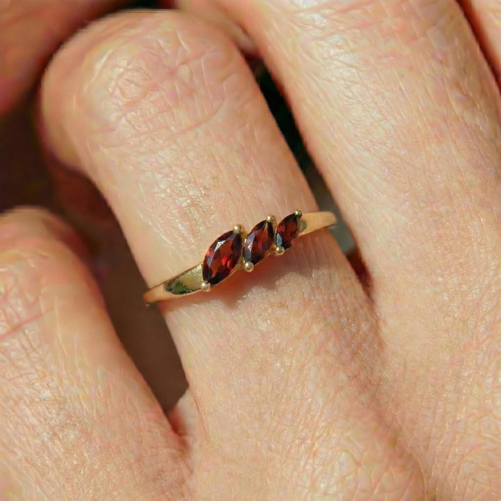 Garnet Curved Wedding Band, Marquise January Birthstone Ring, 18K Gold Plated Stackable Bridal Band, Ring Enhancer for Her