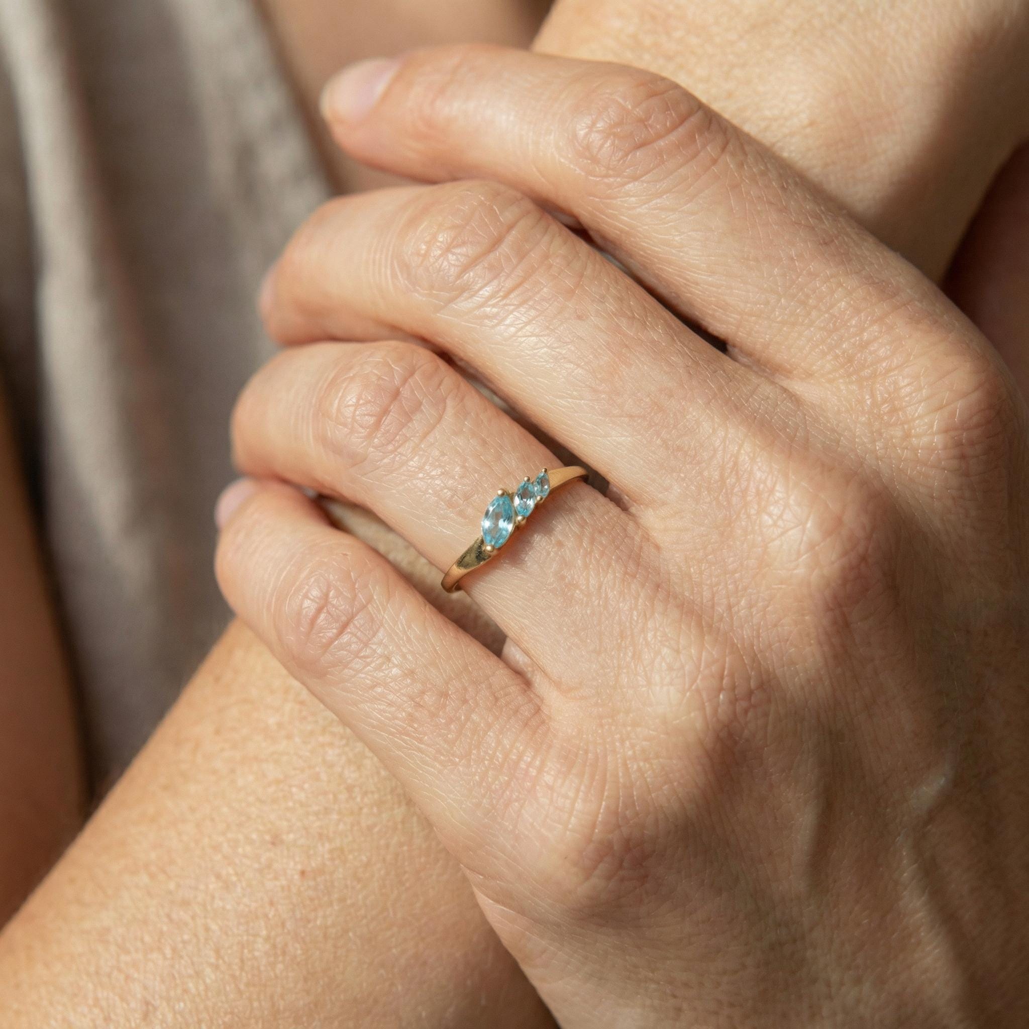 Aquamarine Curved Wedding Band, Marquise March Birthstone Ring, 18K Gold Plated Stackable Bridal Band, Ring Enhancer for Her