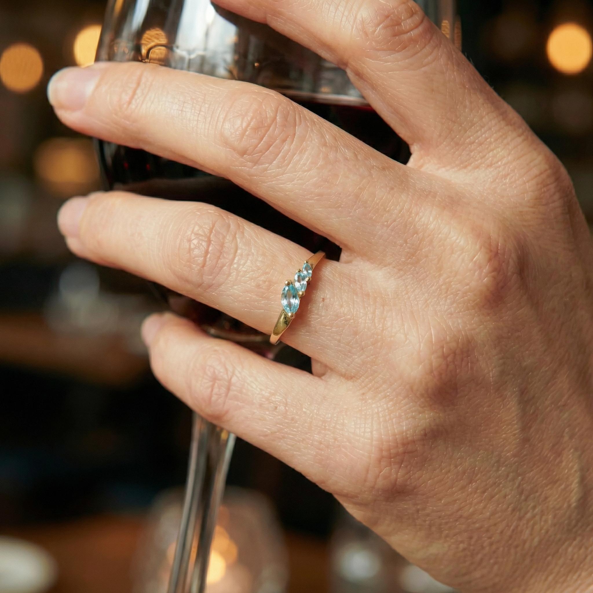 Aquamarine Curved Wedding Band, Marquise March Birthstone Ring, 18K Gold Plated Stackable Bridal Band, Ring Enhancer for Her