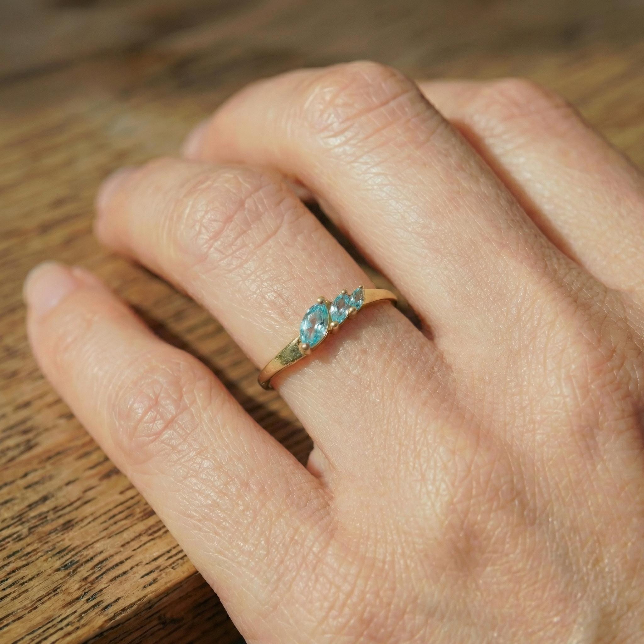 Aquamarine Curved Wedding Band, Marquise March Birthstone Ring, 18K Gold Plated Stackable Bridal Band, Ring Enhancer for Her