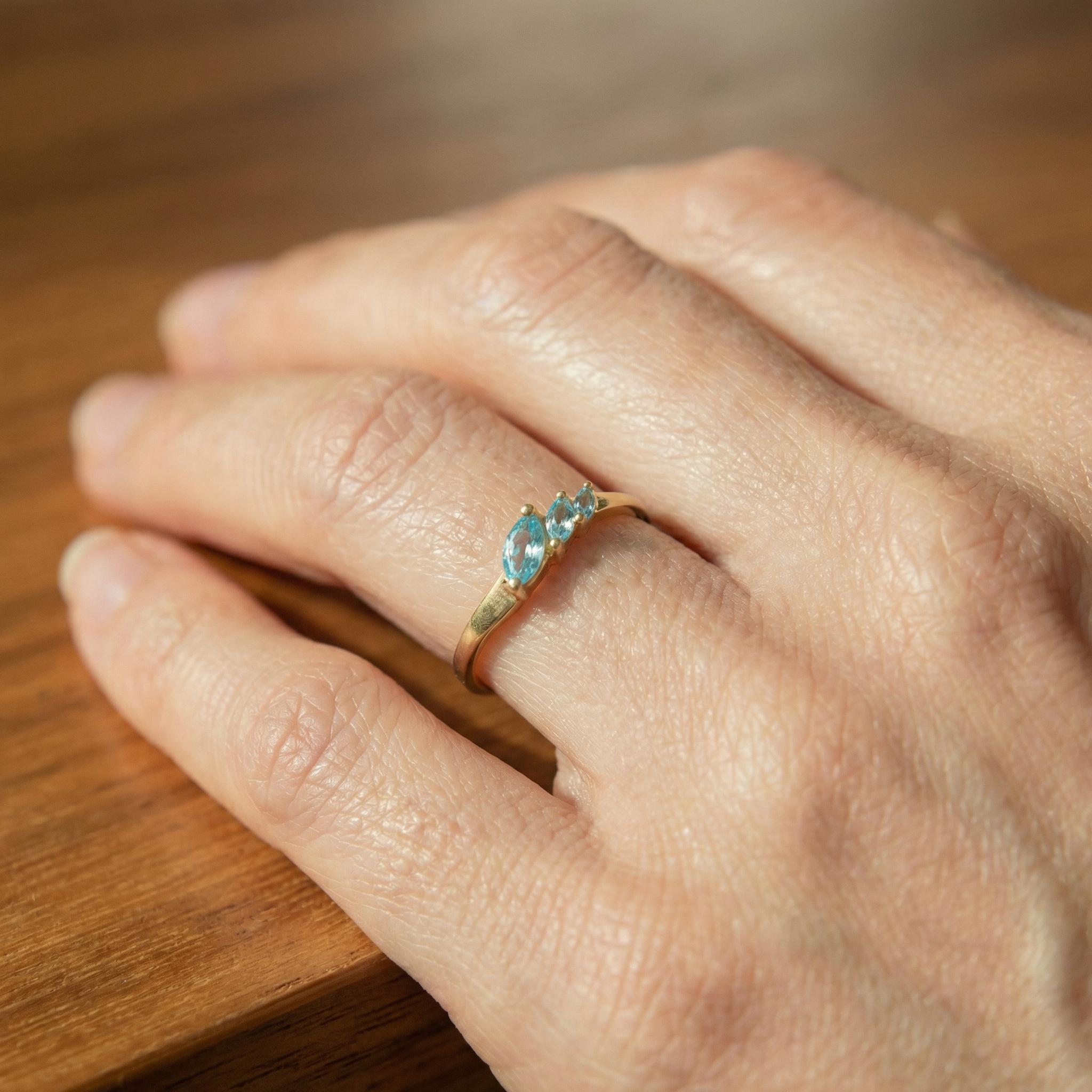 Aquamarine Curved Wedding Band, Marquise March Birthstone Ring, 18K Gold Plated Stackable Bridal Band, Ring Enhancer for Her