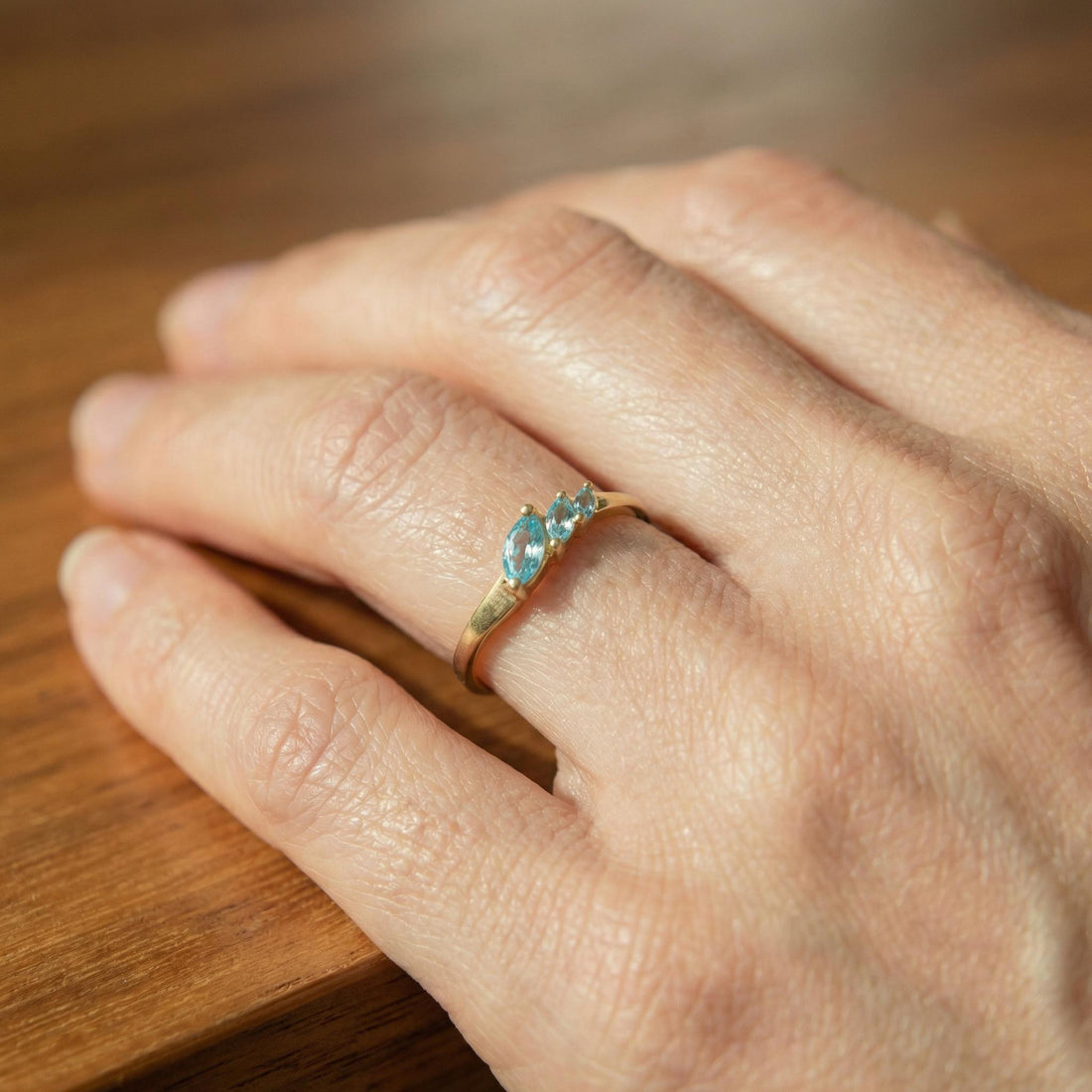 Aquamarine Curved Wedding Band, Marquise March Birthstone Ring, 18K Gold Plated Stackable Bridal Band, Ring Enhancer for Her