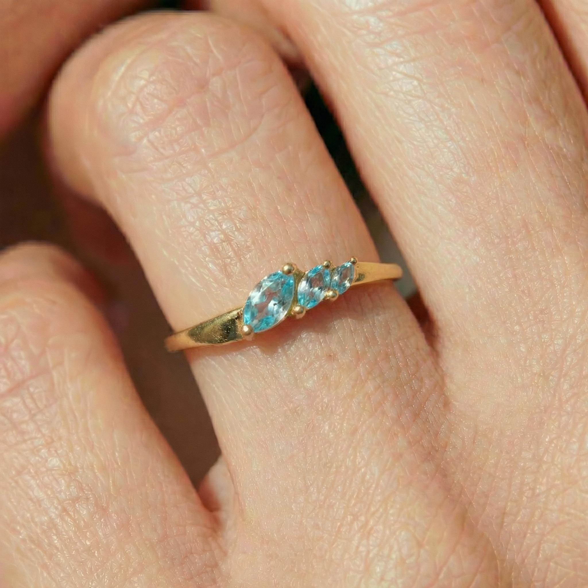 Aquamarine Curved Wedding Band, Marquise March Birthstone Ring, 18K Gold Plated Stackable Bridal Band, Ring Enhancer for Her