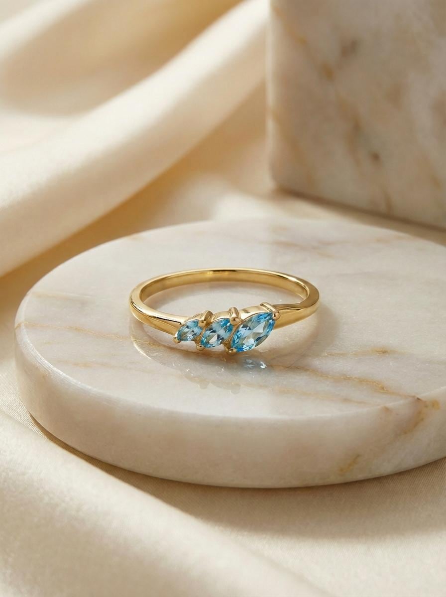 Aquamarine Curved Wedding Band, Marquise March Birthstone Ring, 18K Gold Plated Stackable Bridal Band, Ring Enhancer for Her