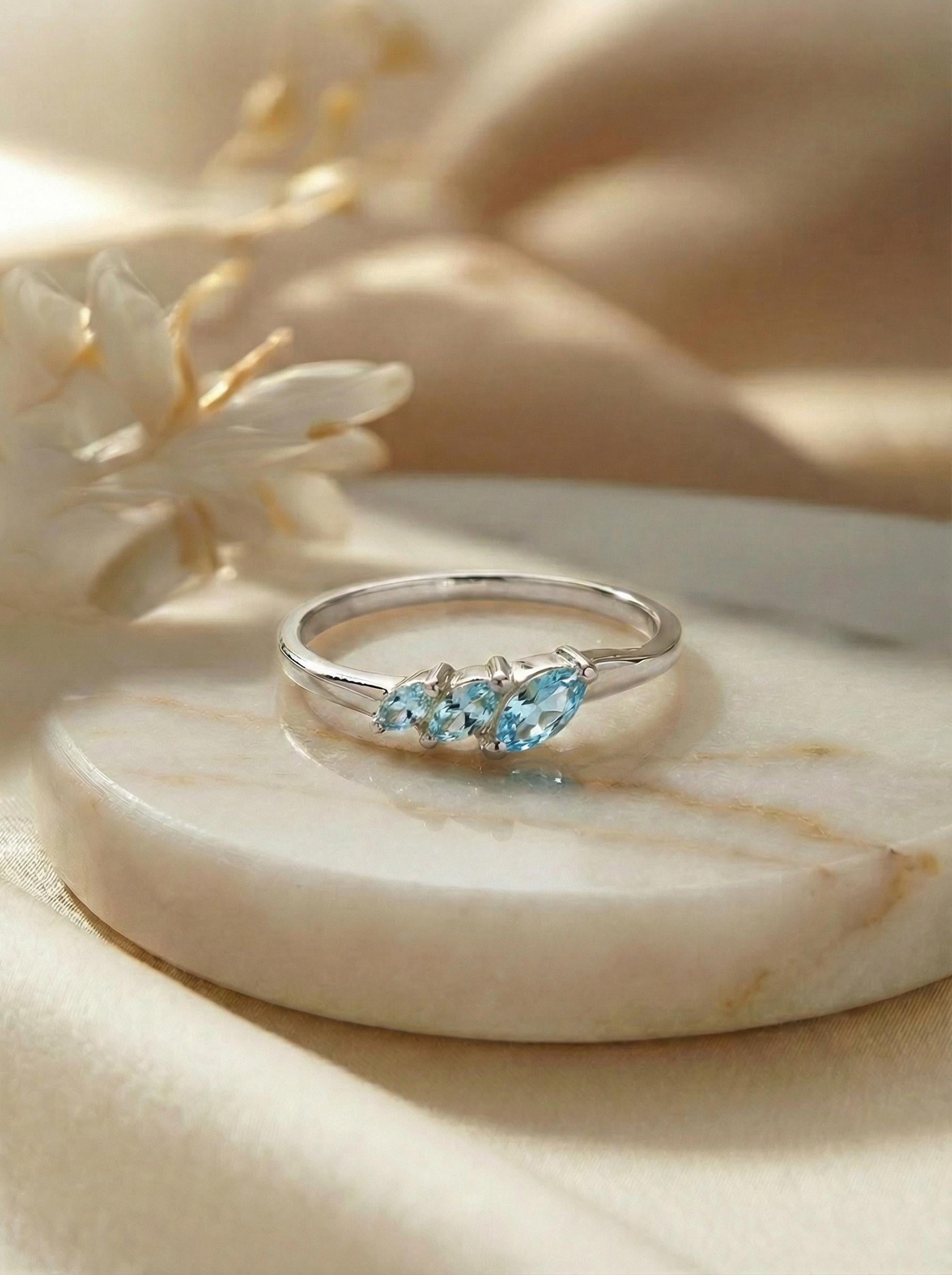 Aquamarine Curved Wedding Band, Marquise March Birthstone Ring, 18K Gold Plated Stackable Bridal Band, Ring Enhancer for Her