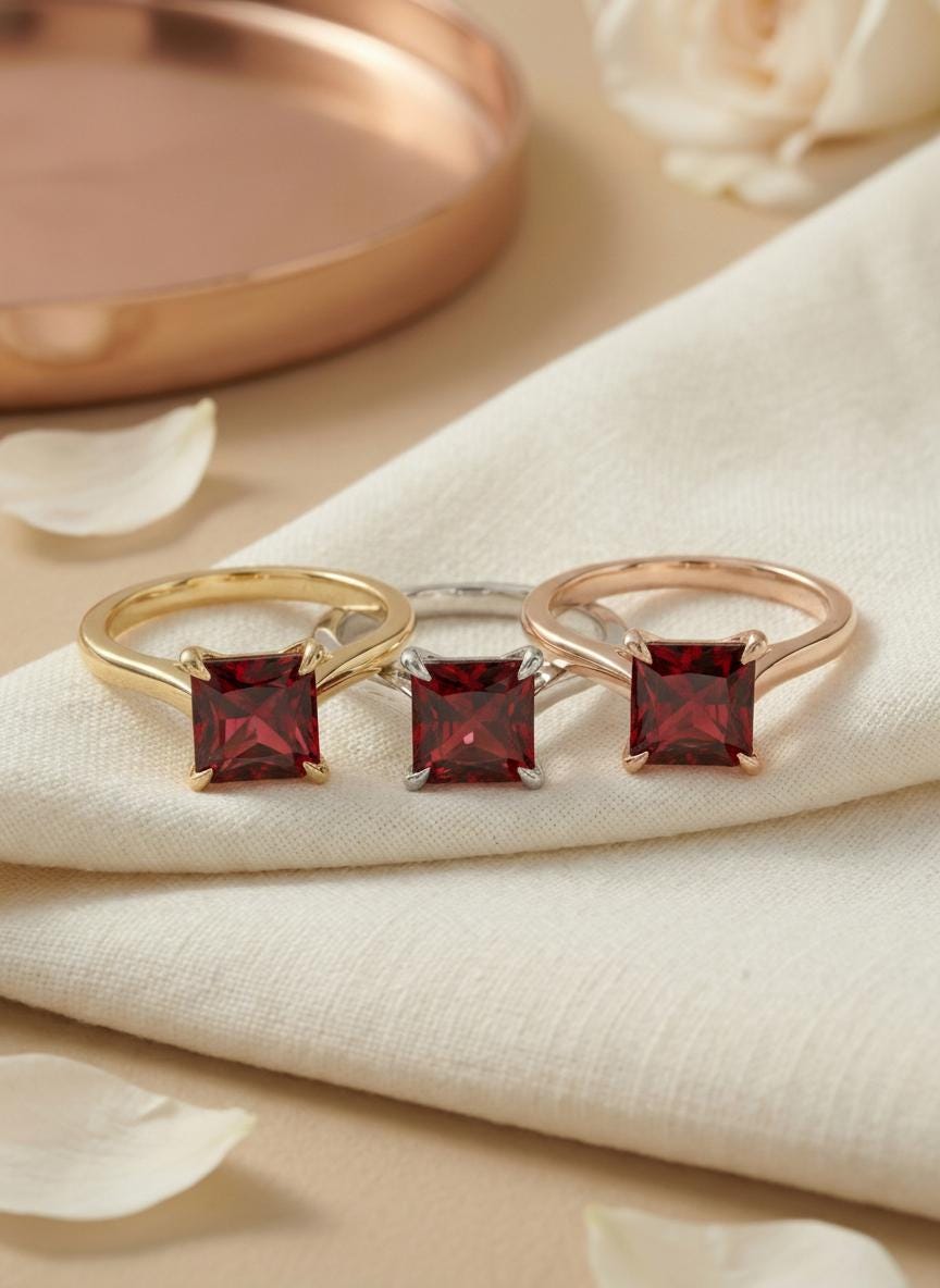 Princess Cut Garnet Engagement Ring, January Birthstone Solitaire Ring, Deep Red Gemstone Promise Ring, Anniversary Gift for Her