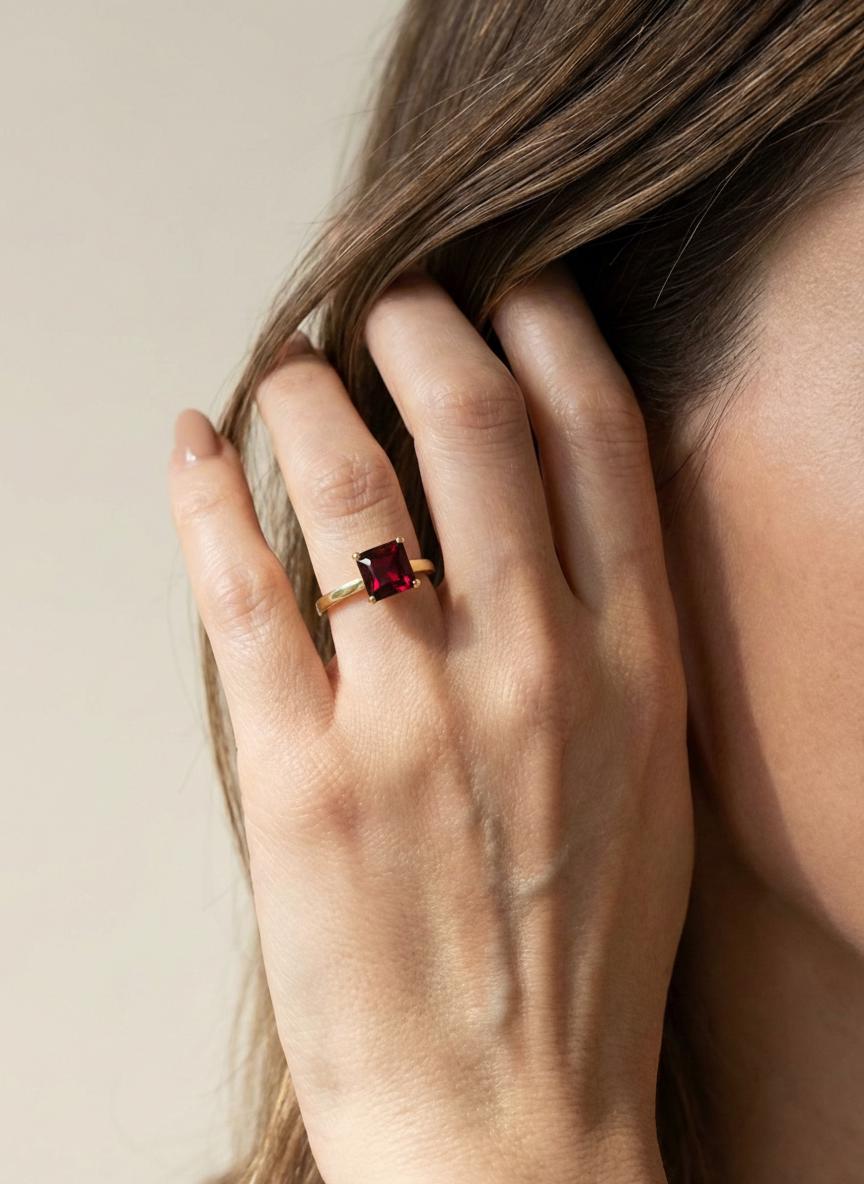 Princess Cut Garnet Engagement Ring, January Birthstone Solitaire Ring, Deep Red Gemstone Promise Ring, Anniversary Gift for Her