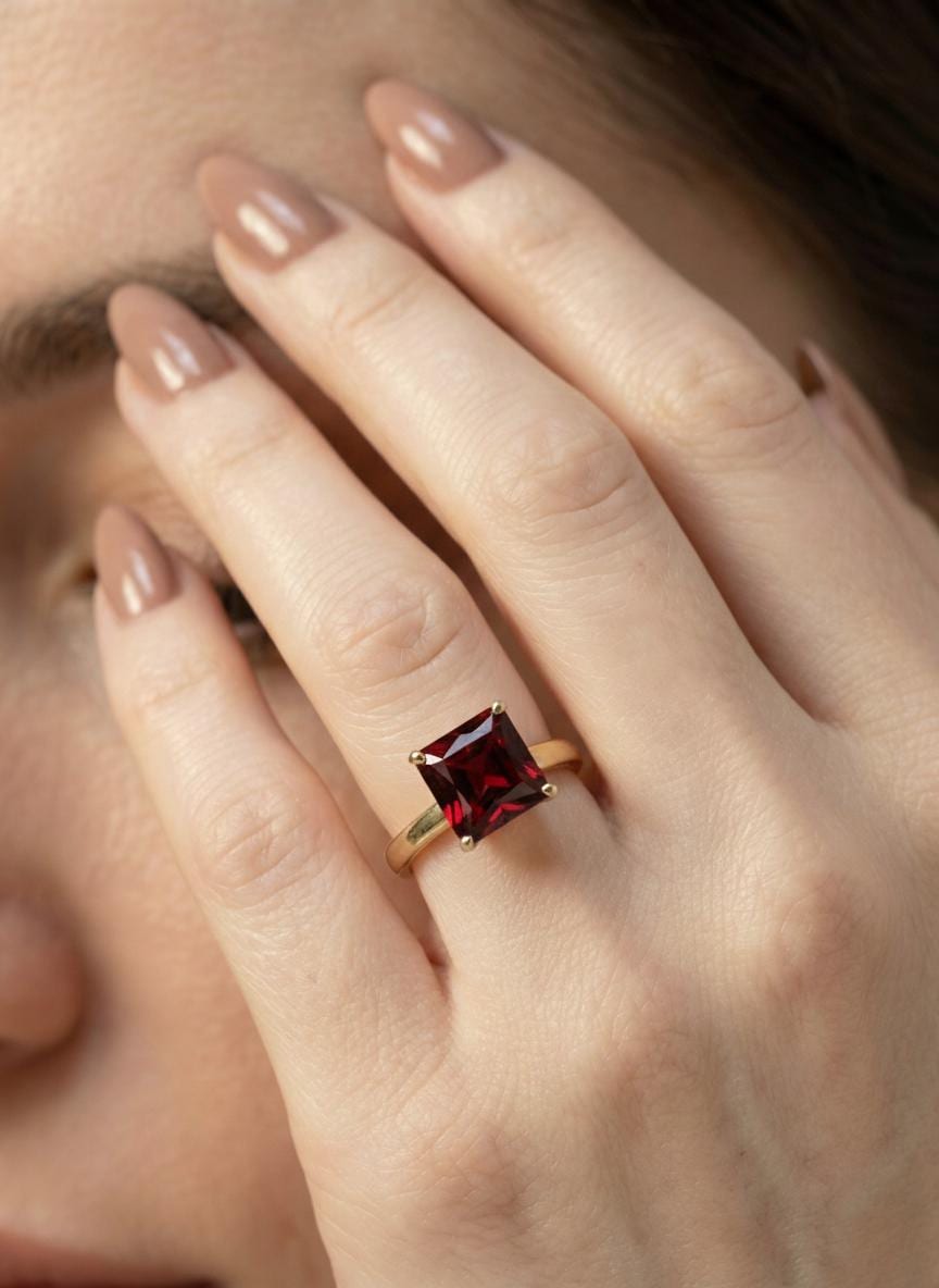 Princess Cut Garnet Engagement Ring, January Birthstone Solitaire Ring, Deep Red Gemstone Promise Ring, Anniversary Gift for Her