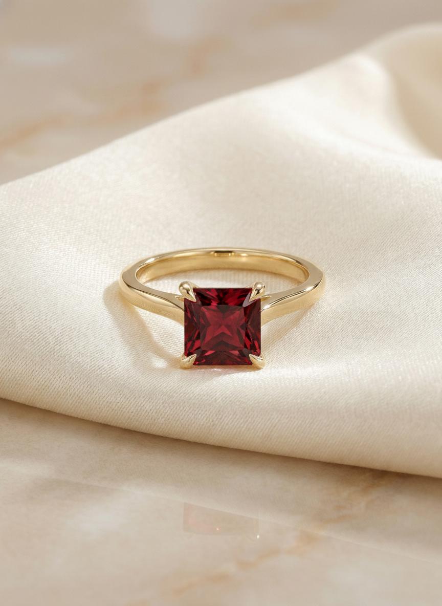 Princess Cut Garnet Engagement Ring, January Birthstone Solitaire Ring, Deep Red Gemstone Promise Ring, Anniversary Gift for Her