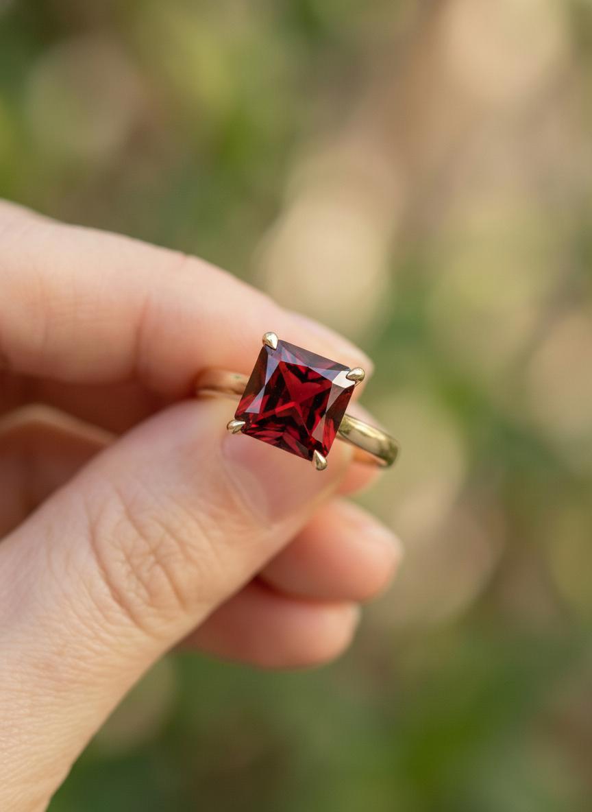 Princess Cut Garnet Engagement Ring, January Birthstone Solitaire Ring, Deep Red Gemstone Promise Ring, Anniversary Gift for Her