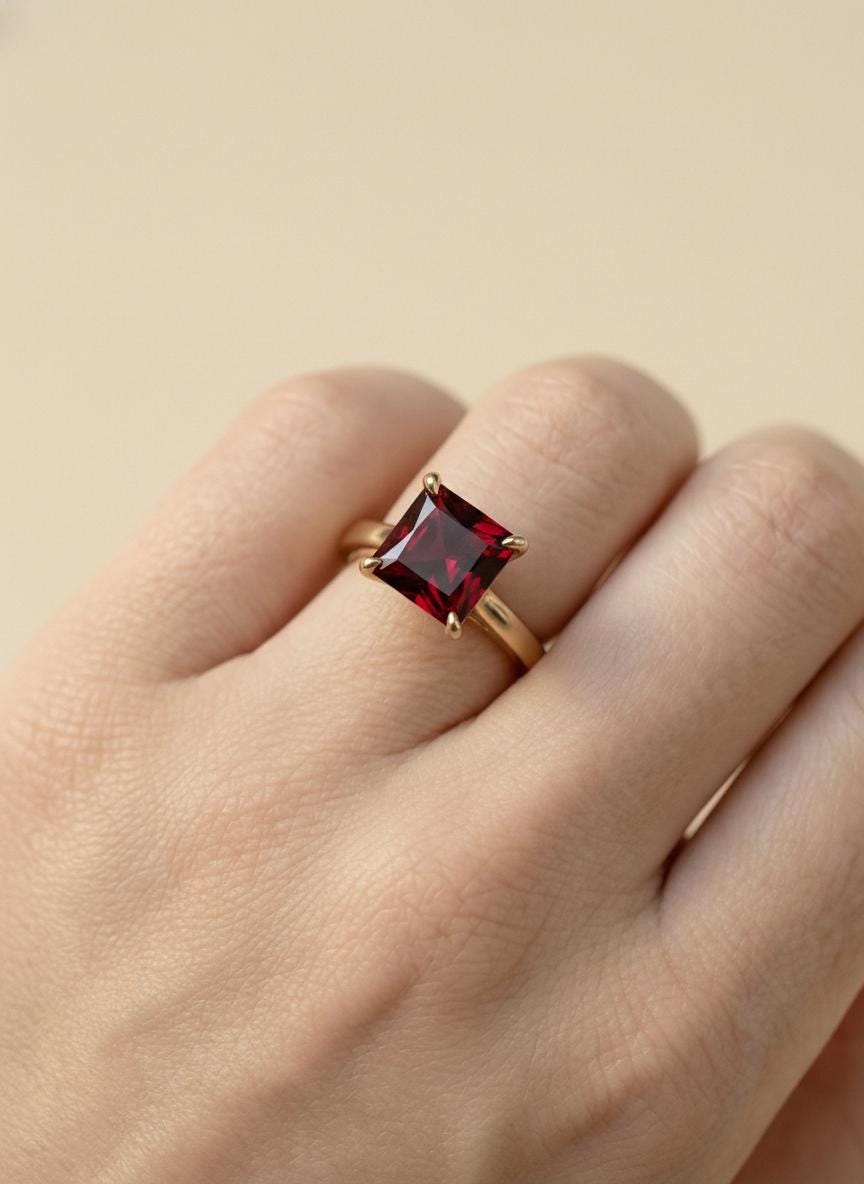 Princess Cut Garnet Engagement Ring, January Birthstone Solitaire Ring, Deep Red Gemstone Promise Ring, Anniversary Gift for Her