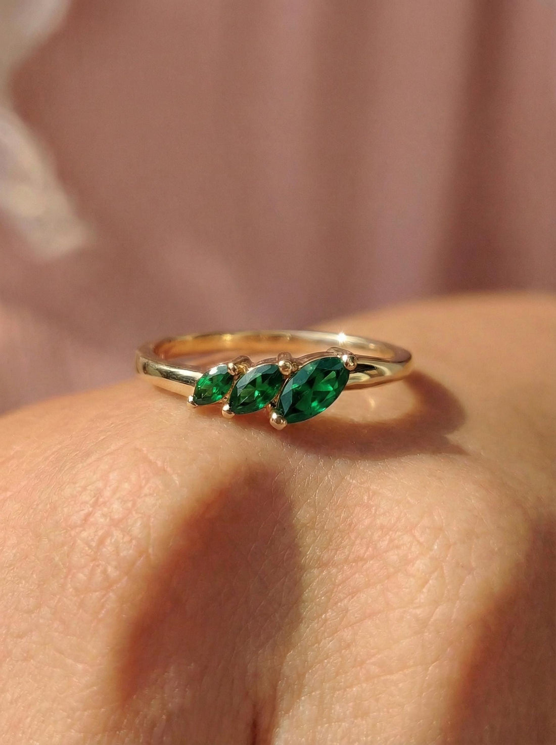 Emerald Curved Wedding Band, Marquise May Birthstone Ring, 18K Gold Plated Stackable Bridal Band, Ring Enhancer for Her