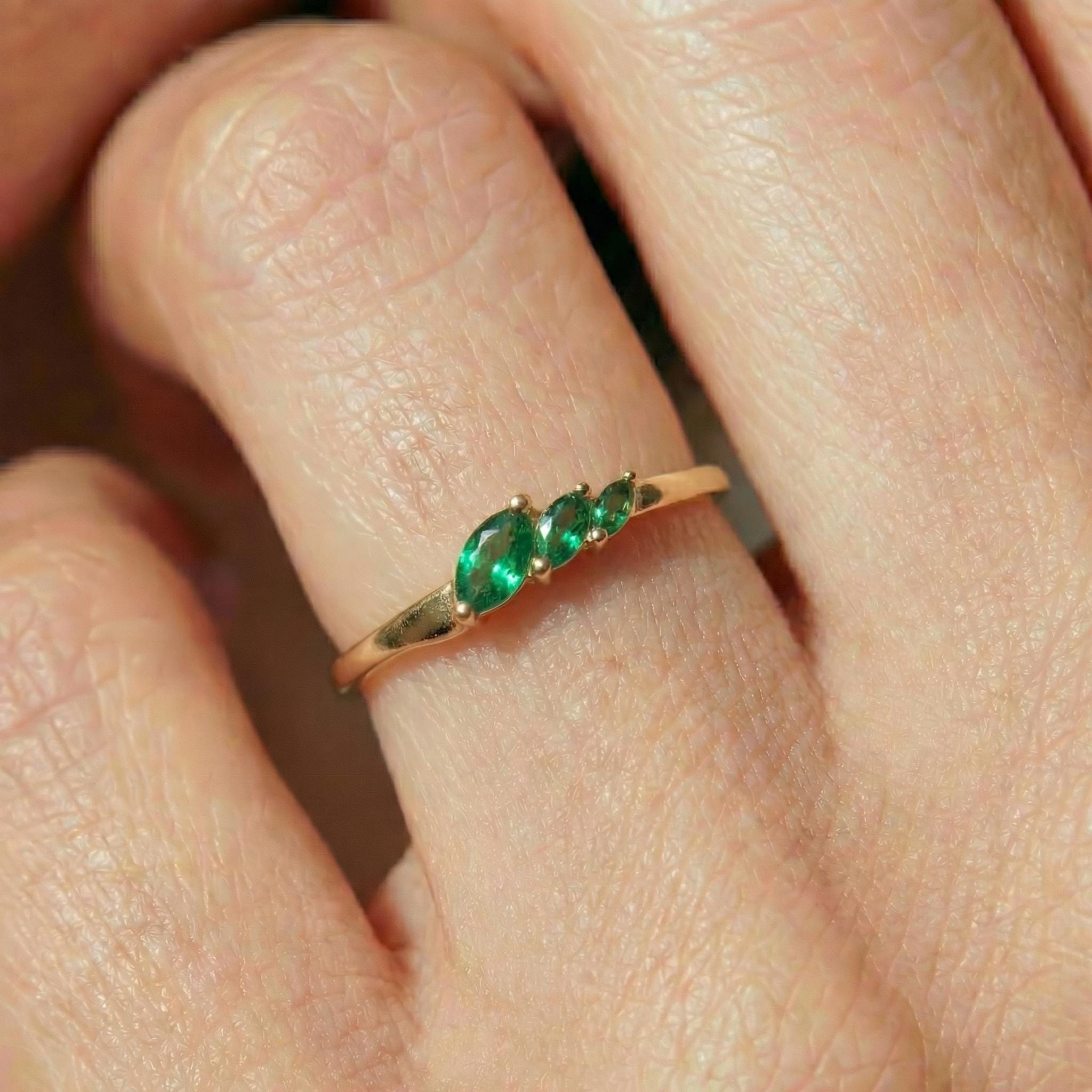 Emerald Curved Wedding Band, Marquise May Birthstone Ring, 18K Gold Plated Stackable Bridal Band, Ring Enhancer for Her