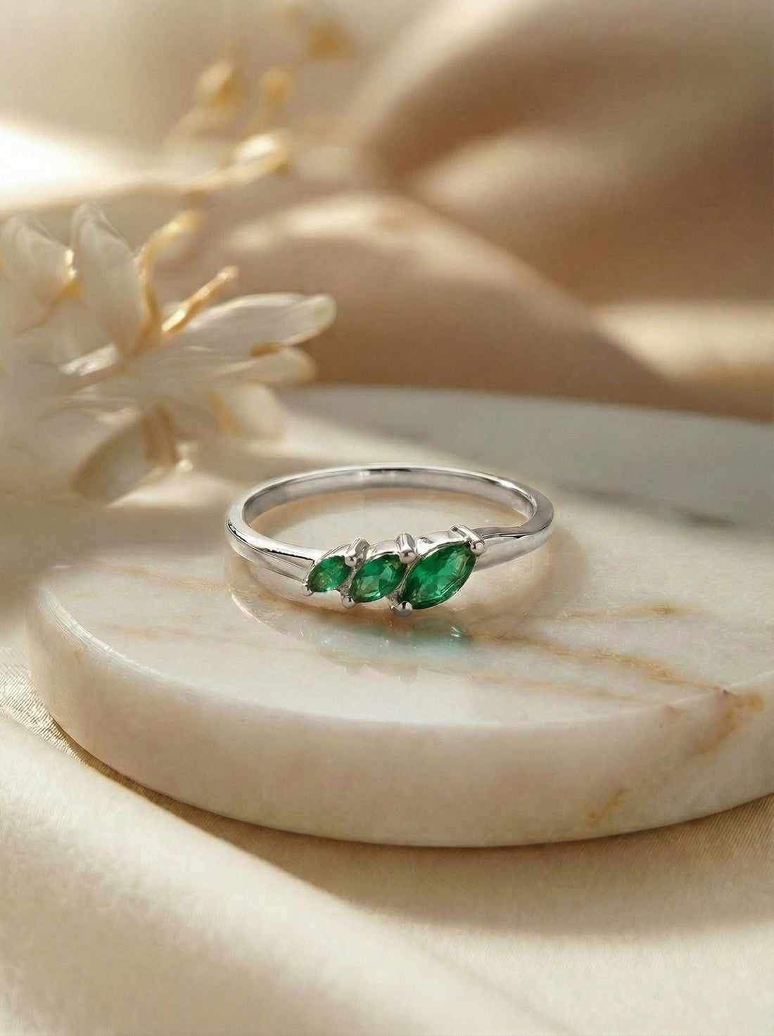 Emerald Curved Wedding Band, Marquise May Birthstone Ring, 18K Gold Plated Stackable Bridal Band, Ring Enhancer for Her