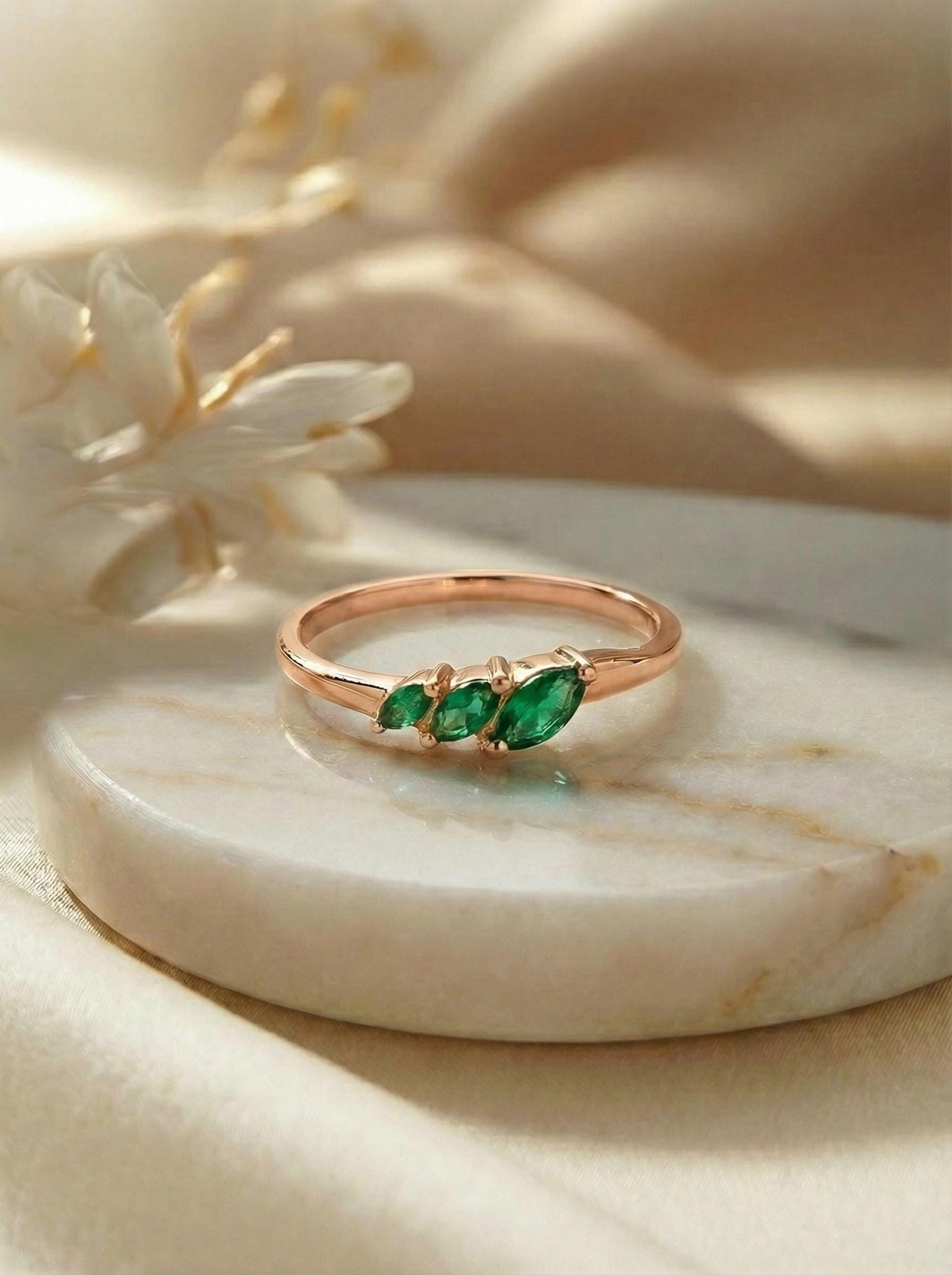 Emerald Curved Wedding Band, Marquise May Birthstone Ring, 18K Gold Plated Stackable Bridal Band, Ring Enhancer for Her