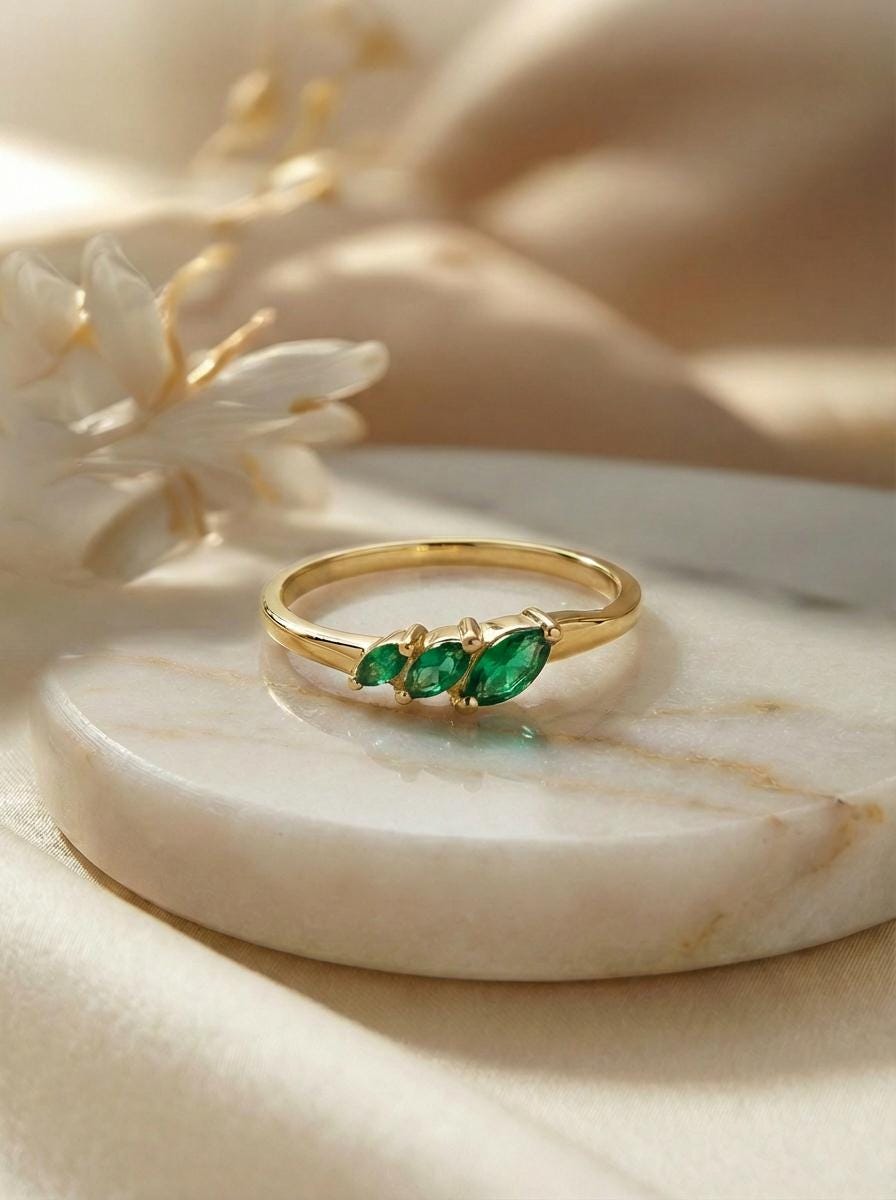 Emerald Curved Wedding Band, Marquise May Birthstone Ring, 18K Gold Plated Stackable Bridal Band, Ring Enhancer for Her