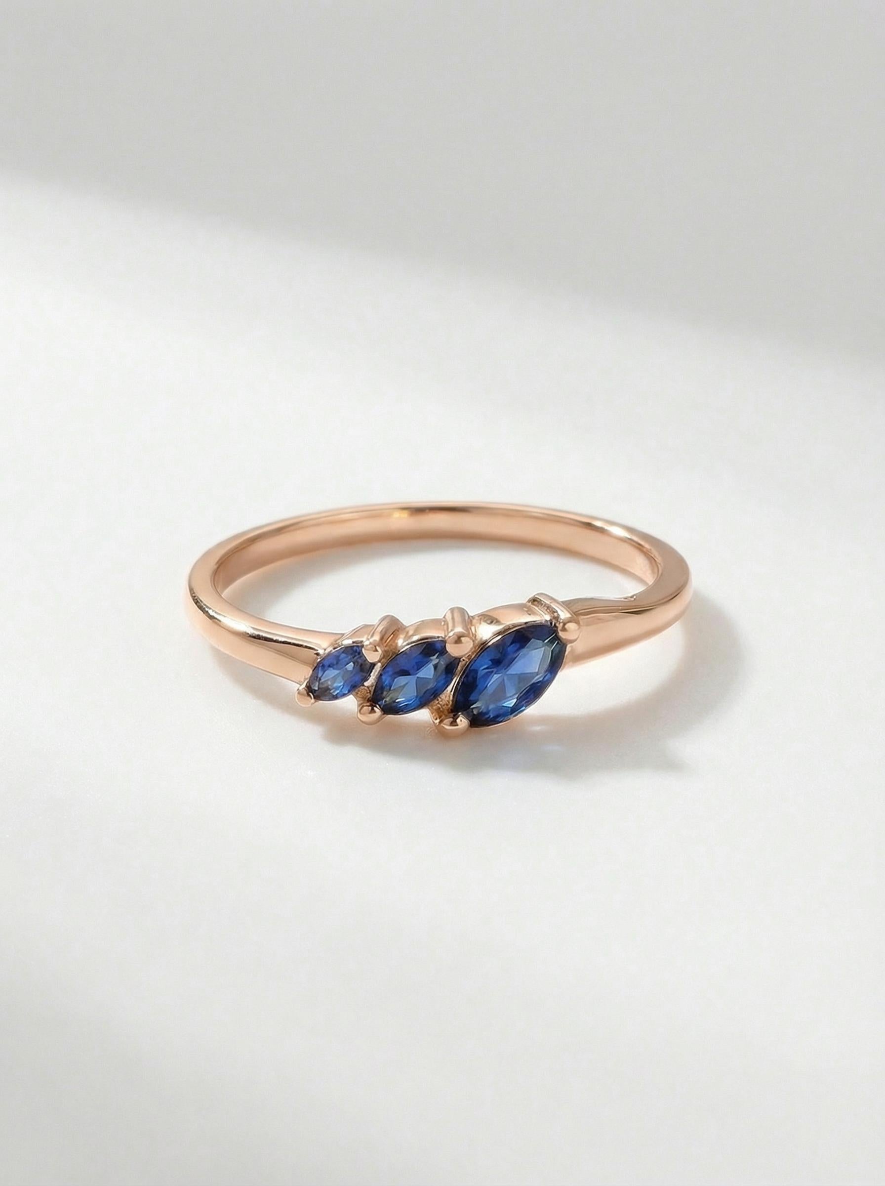 Blue Sapphire Curved Wedding Band, 18K Gold Plated Marquise Stacking Ring for Women, September Birthstone, Promise Ring Gift for Her