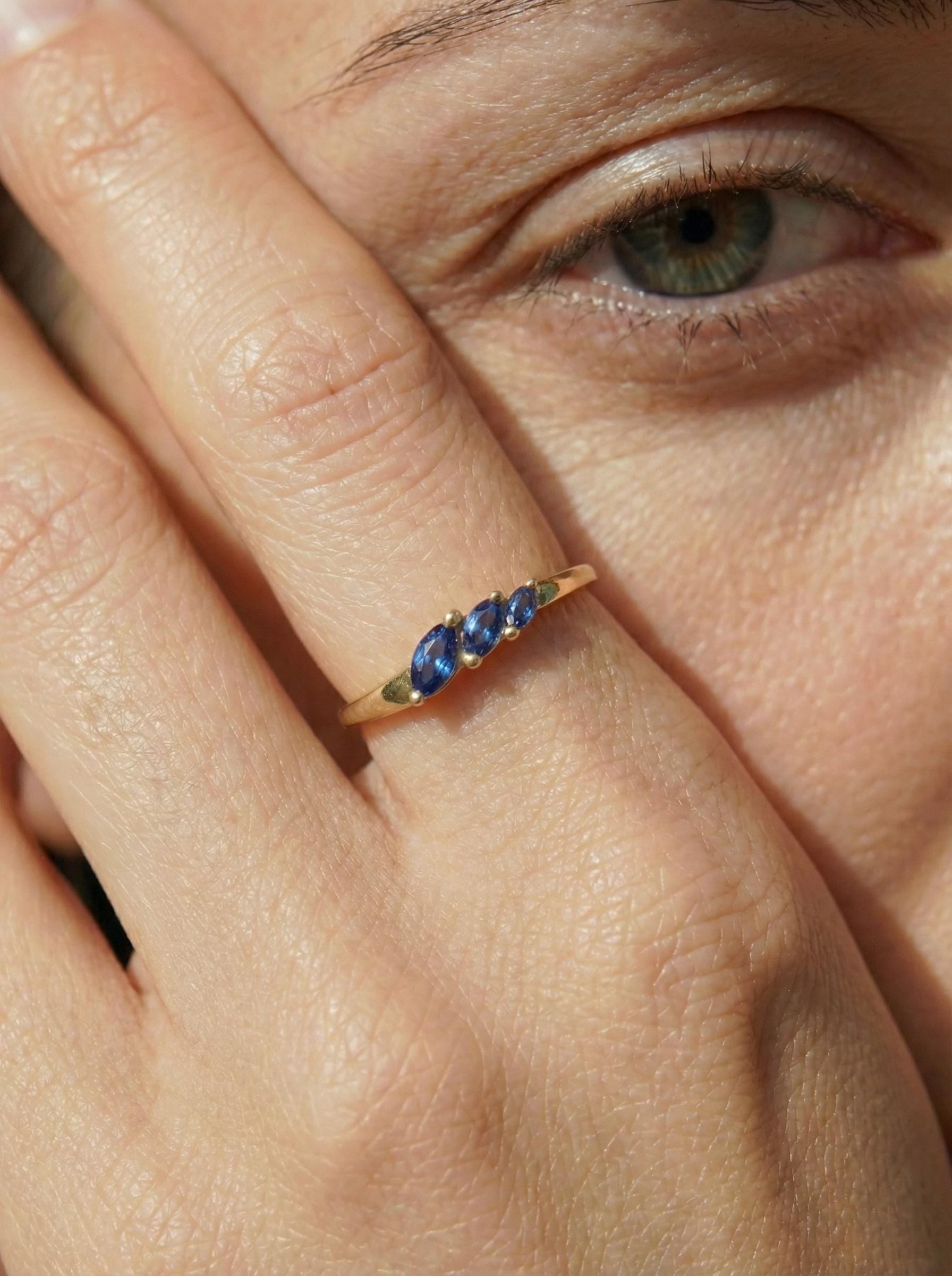 Blue Sapphire Curved Wedding Band, 18K Gold Plated Marquise Stacking Ring for Women, September Birthstone, Promise Ring Gift for Her