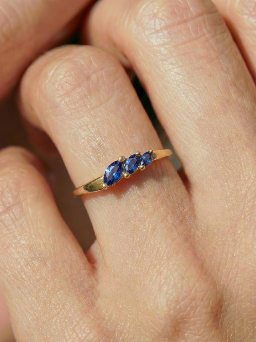Blue Sapphire Curved Wedding Band, 18K Gold Plated Marquise Stacking Ring for Women, September Birthstone, Promise Ring Gift for Her