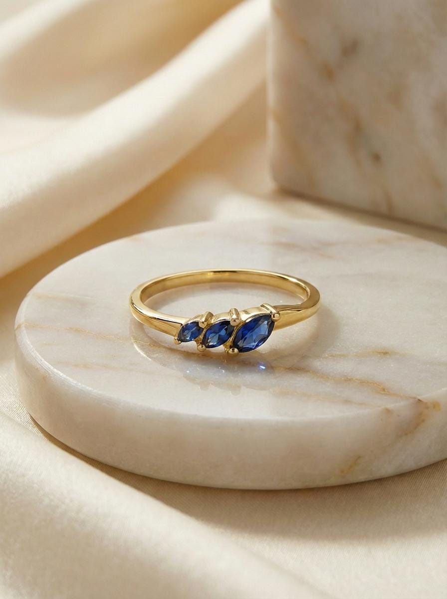Blue Sapphire Curved Wedding Band, 18K Gold Plated Marquise Stacking Ring for Women, September Birthstone, Promise Ring Gift for Her