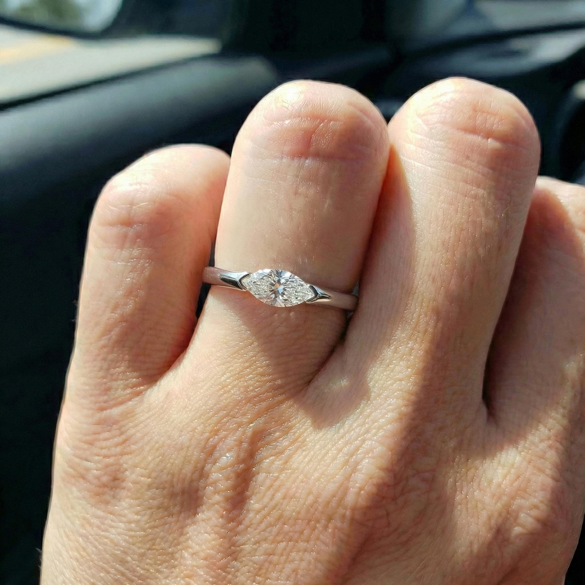0.50ct East West Marquise Cut Moissanite Solitaire Ring, Modern Minimalist Half-Bezel Engagement Ring, 14K Solid Gold Anniversary Ring