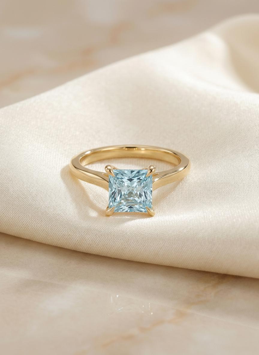 Engagement Gift Princess Cut Aquamarine Ring Solitaire  Gemstone Ring March Birthstone Gift