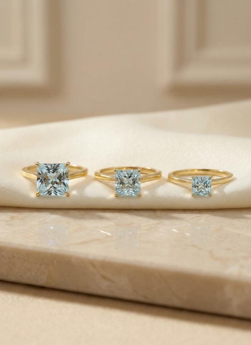 Engagement Gift Princess Cut Aquamarine Ring Solitaire  Gemstone Ring March Birthstone Gift