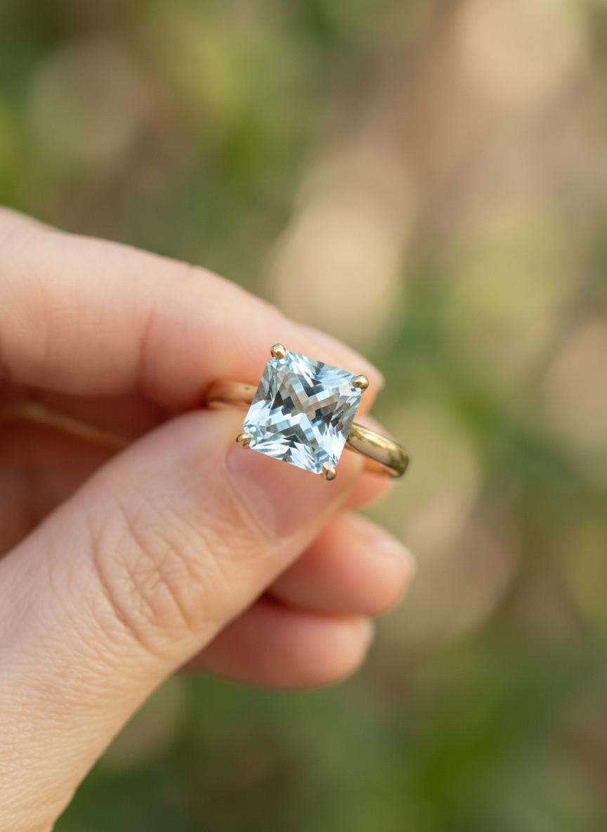 Engagement Gift Princess Cut Aquamarine Ring Solitaire  Gemstone Ring March Birthstone Gift