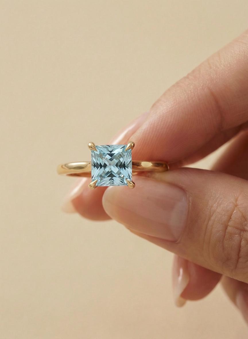 Engagement Gift Princess Cut Aquamarine Ring Solitaire  Gemstone Ring March Birthstone Gift