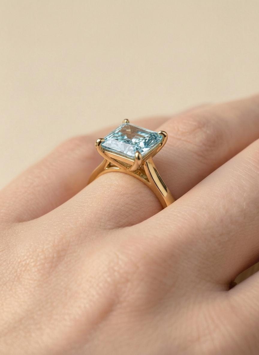 Engagement Gift Princess Cut Aquamarine Ring Solitaire  Gemstone Ring March Birthstone Gift