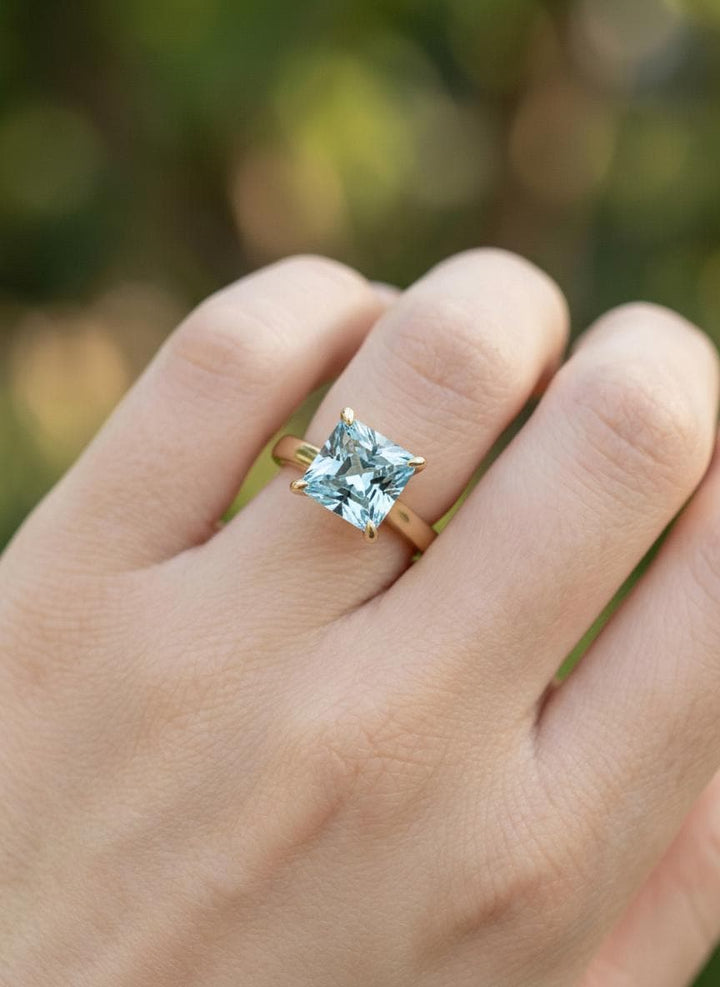 Engagement Gift Princess Cut Aquamarine Ring Solitaire  Gemstone Ring March Birthstone Gift
