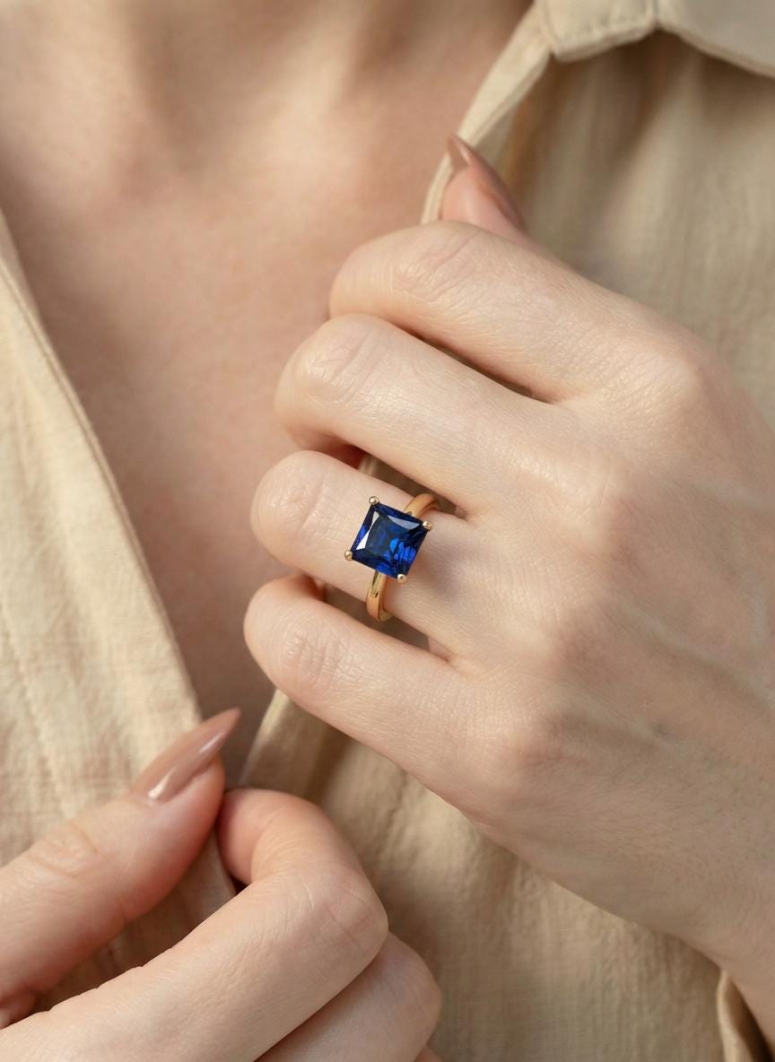 Sapphire Ring, Princess Cut Solitaire Ring, September Birthstone Anniversary Ring, Bridal Promise Ring Gift for Women