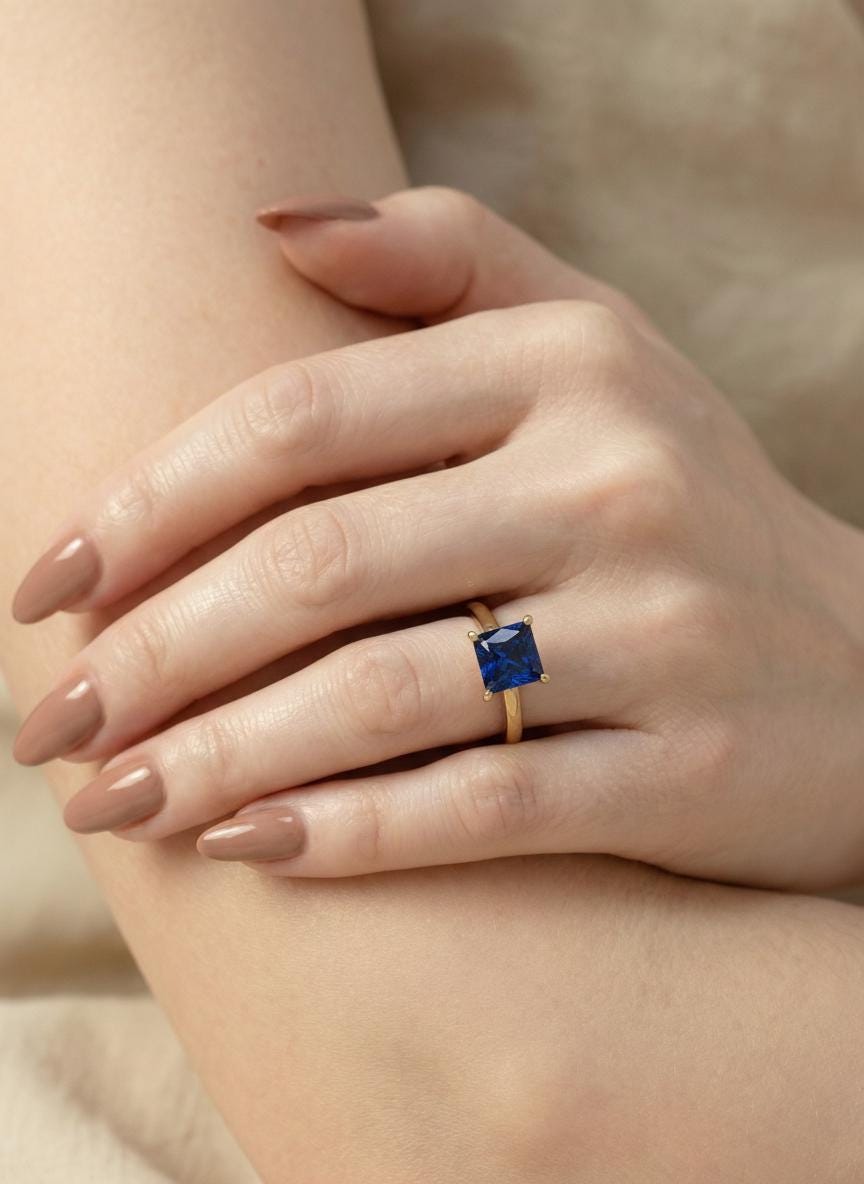 Sapphire Ring, Princess Cut Solitaire Ring, September Birthstone Anniversary Ring, Bridal Promise Ring Gift for Women