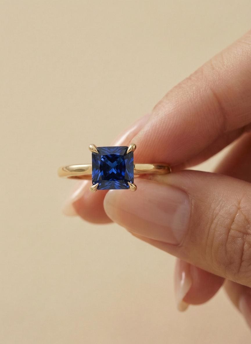 Sapphire Ring, Princess Cut Solitaire Ring, September Birthstone Anniversary Ring, Bridal Promise Ring Gift for Women