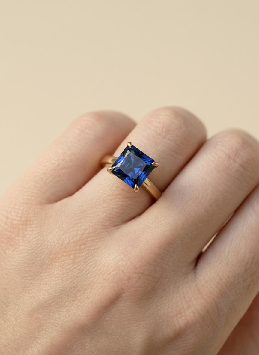 Sapphire Ring, Princess Cut Solitaire Ring, September Birthstone Anniversary Ring, Bridal Promise Ring Gift for Women