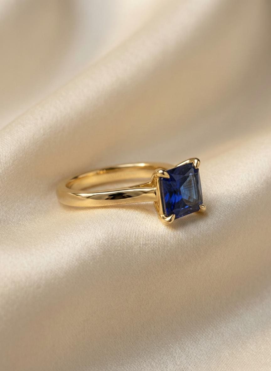 Sapphire Ring, Princess Cut Solitaire Ring, September Birthstone Anniversary Ring, Bridal Promise Ring Gift for Women