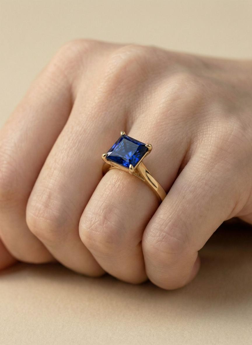 Sapphire Ring, Princess Cut Solitaire Ring, September Birthstone Anniversary Ring, Bridal Promise Ring Gift for Women