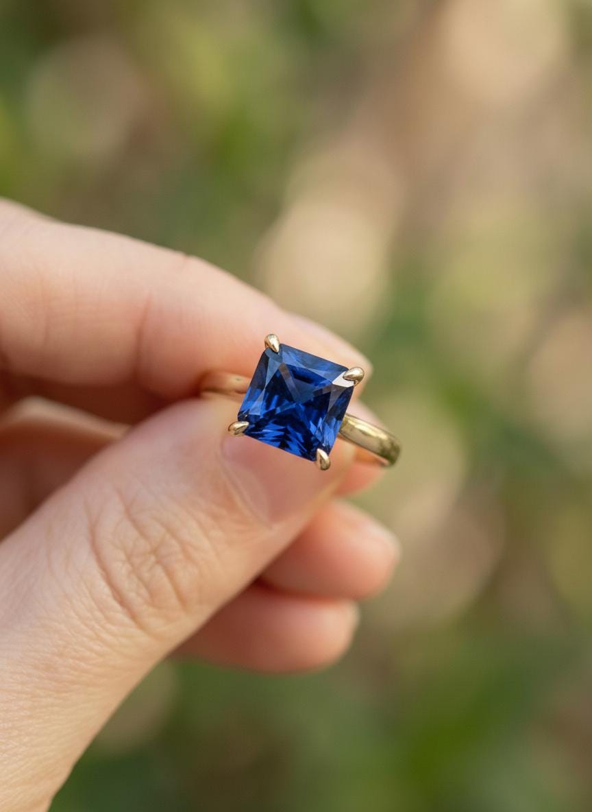 Sapphire Ring, Princess Cut Solitaire Ring, September Birthstone Anniversary Ring, Bridal Promise Ring Gift for Women
