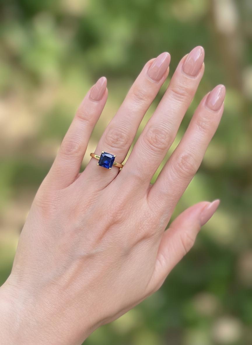 Sapphire Ring, Princess Cut Solitaire Ring, September Birthstone Anniversary Ring, Bridal Promise Ring Gift for Women