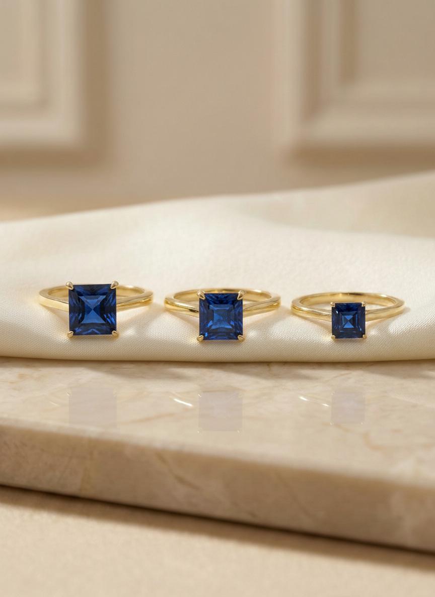 Sapphire Ring, Princess Cut Solitaire Ring, September Birthstone Anniversary Ring, Bridal Promise Ring Gift for Women