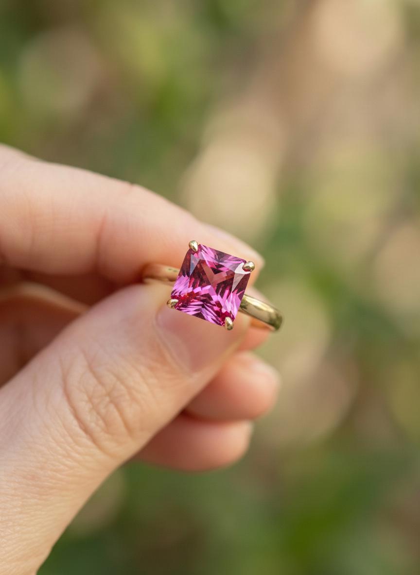 Pink Tourmaline Engagement  Ring Princess Cut Solitaire Ring 4ct Statement Ring October Birthstone Jewelry