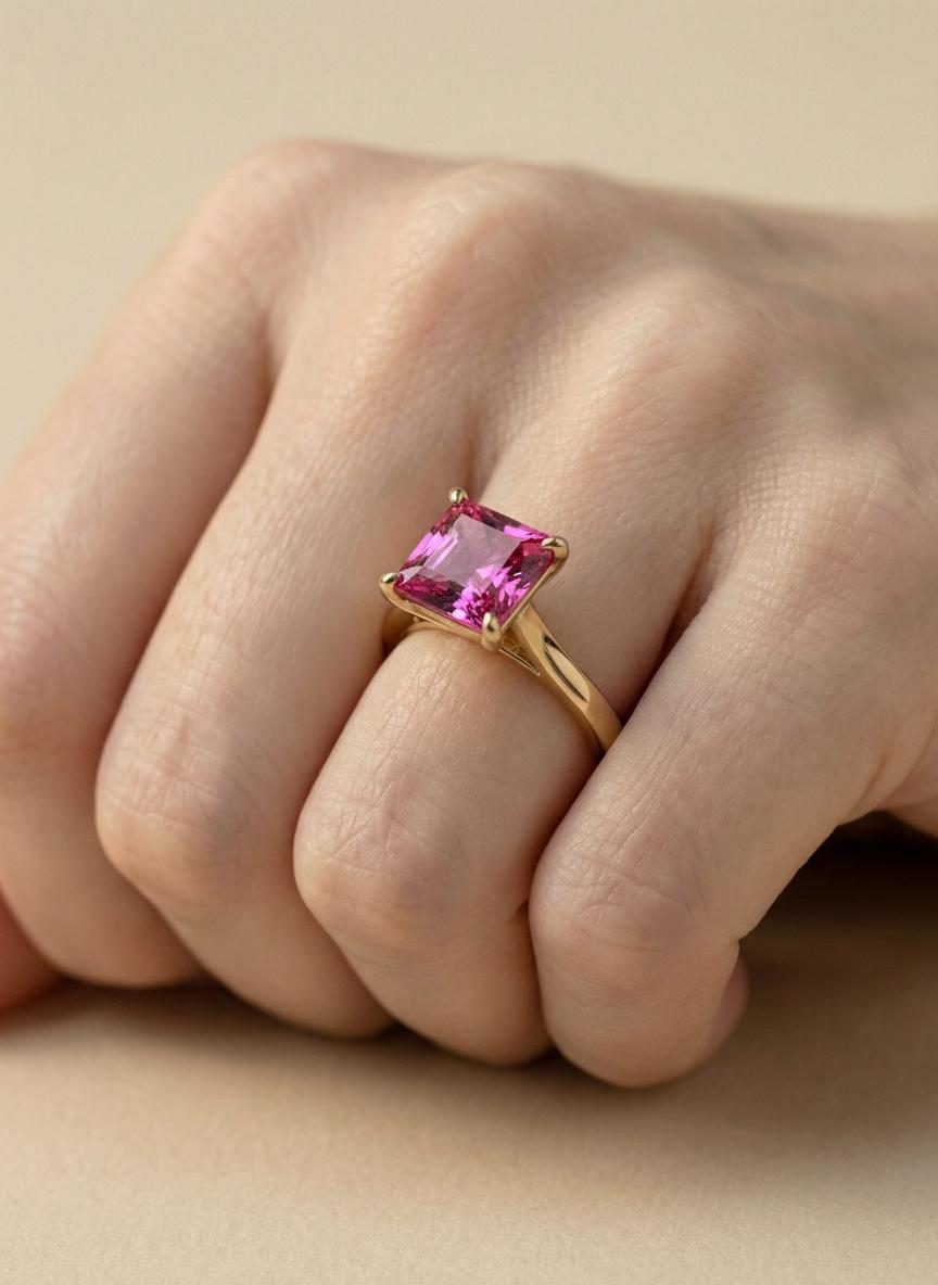 Pink Tourmaline Engagement  Ring Princess Cut Solitaire Ring 4ct Statement Ring October Birthstone Jewelry
