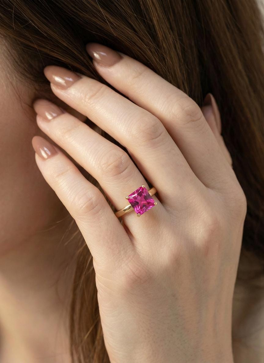 Pink Tourmaline Engagement  Ring Princess Cut Solitaire Ring 4ct Statement Ring October Birthstone Jewelry